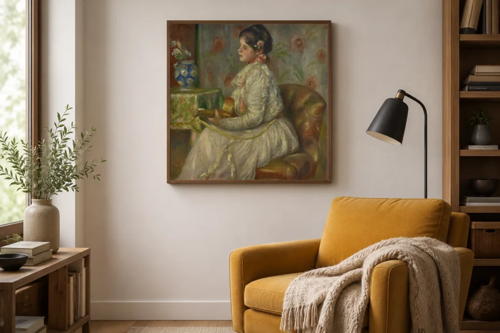 Framed print of The guitar player hanging on a wall in a furnished room