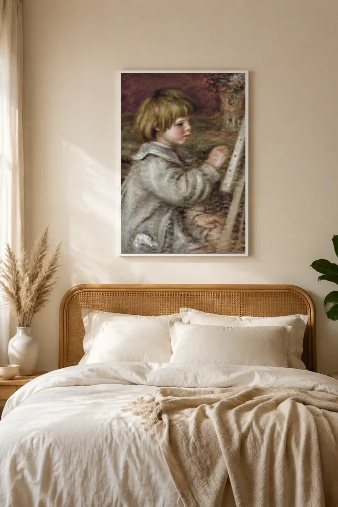 Framed print of The little painter (Claude Renoir) hanging on a wall in a furnished room