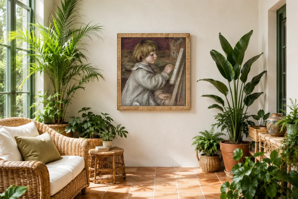 Framed print of The little painter (Claude Renoir) hanging on a wall in a furnished room