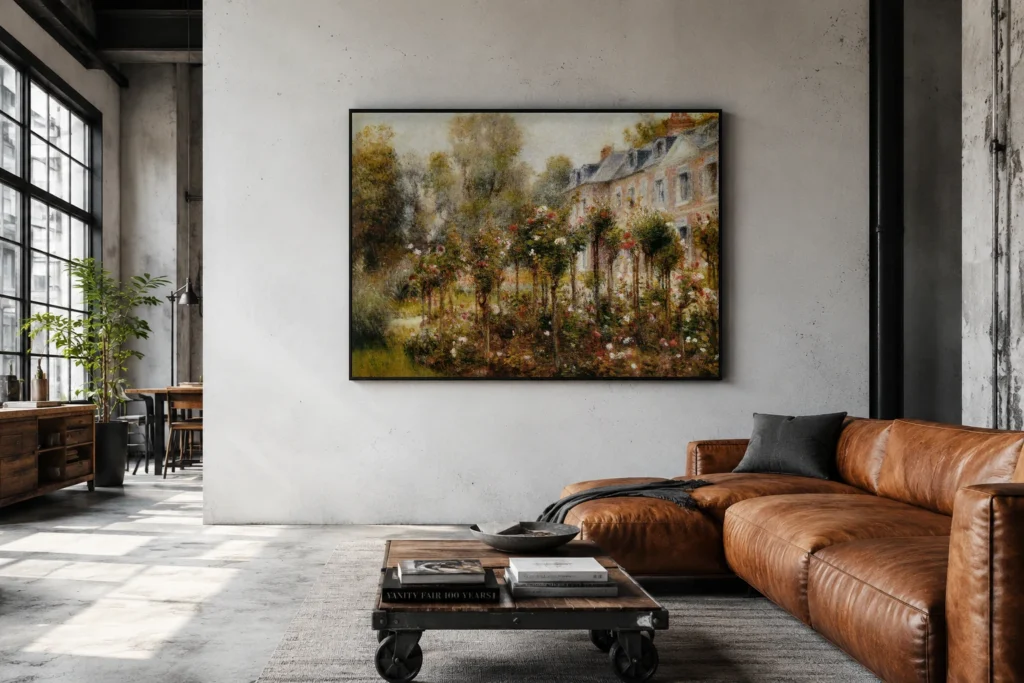 Framed print of The rose garden at Wargemont hanging on a wall in a furnished room
