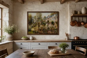 Framed print of The rose garden at Wargemont hanging on a wall in a furnished room