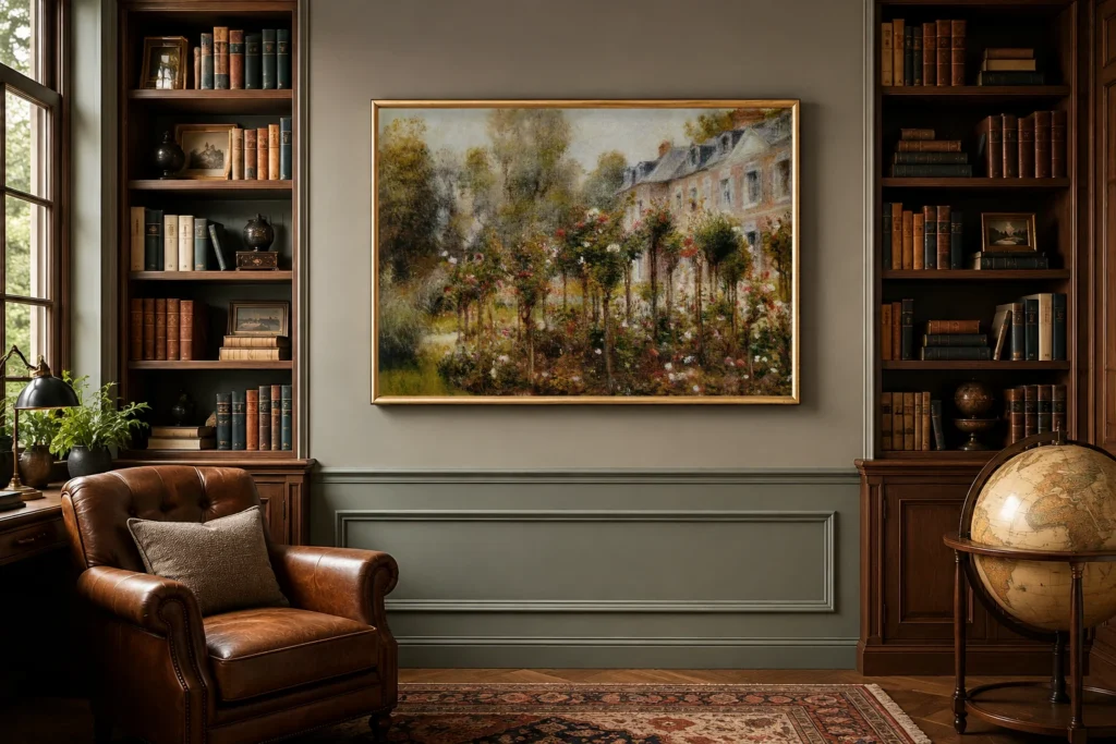 Framed print of The rose garden at Wargemont hanging on a wall in a furnished room