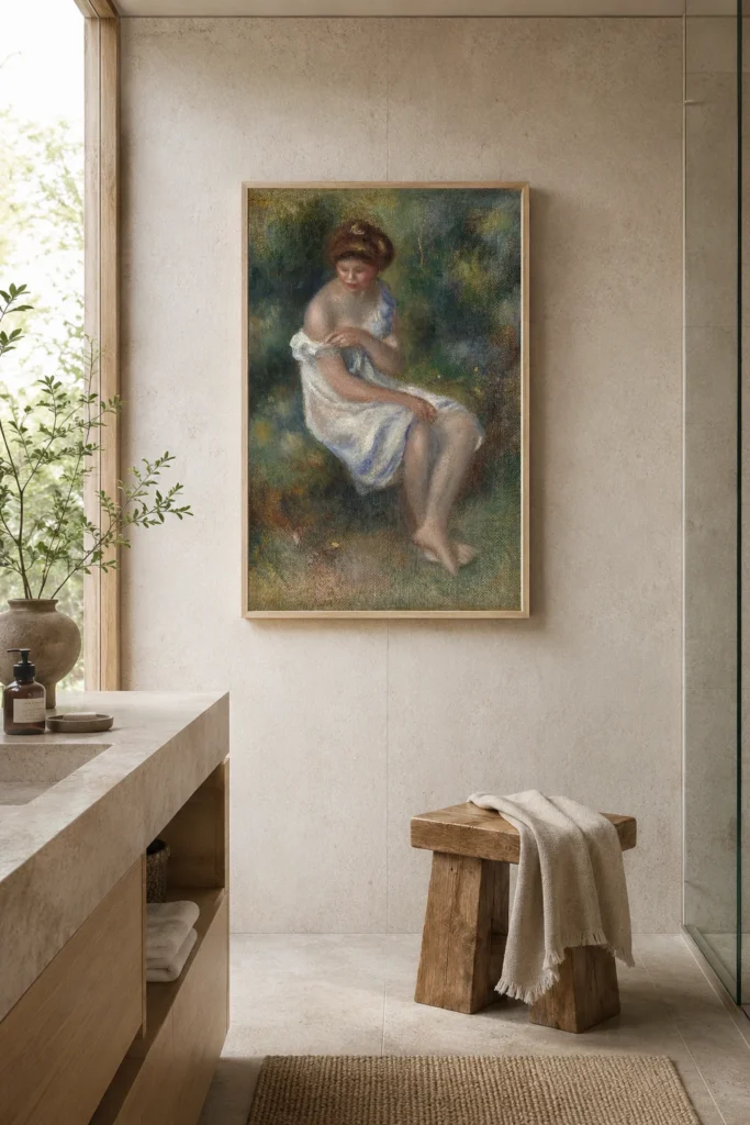 Framed print of The Bather hanging on a wall in a furnished room