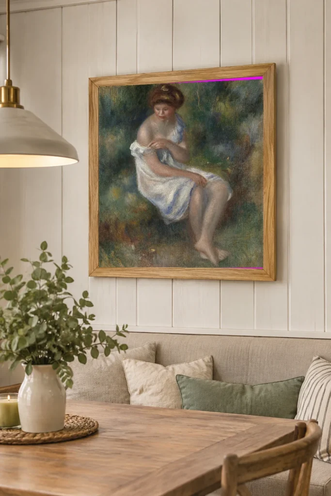 Framed print of The Bather hanging on a wall in a furnished room