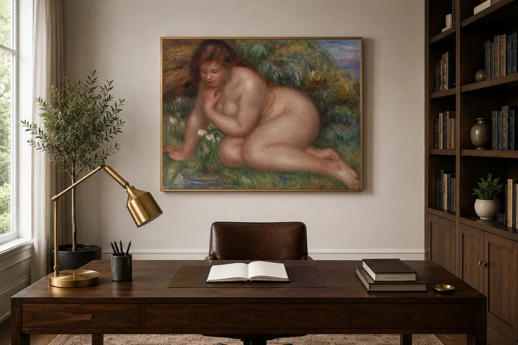 Framed print of Bather Gazing at Herself in the Water (Baigneuse se mirant dans l’eau) hanging on a wall in a furnished room