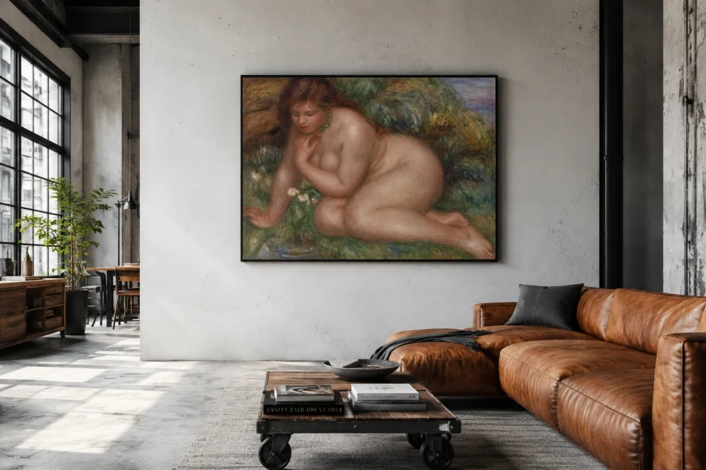 Framed print of Bather Gazing at Herself in the Water (Baigneuse se mirant dans l’eau) hanging on a wall in a furnished room