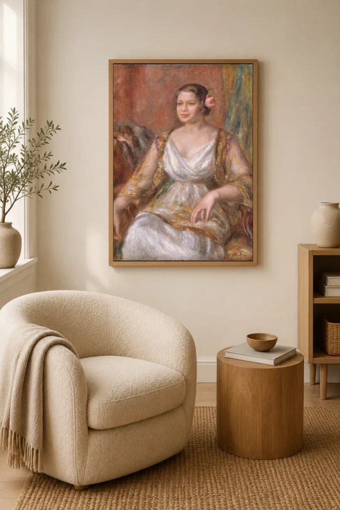 Framed print of Tilla Durieux hanging on a wall in a furnished room