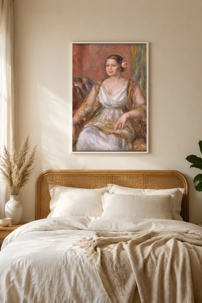 Framed print of Tilla Durieux hanging on a wall in a furnished room