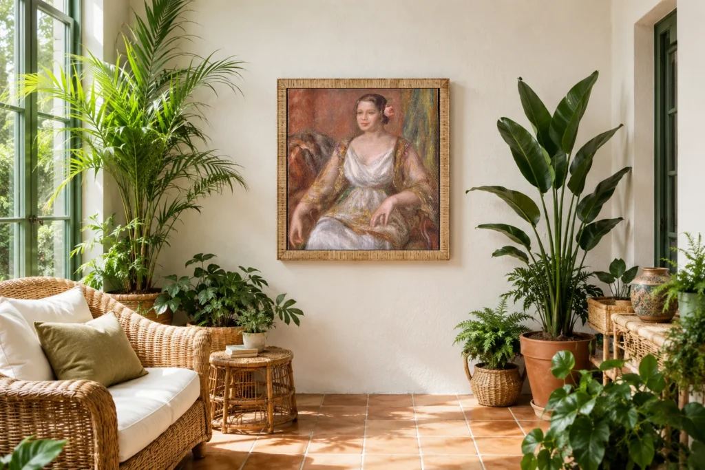 Framed print of Tilla Durieux hanging on a wall in a furnished room