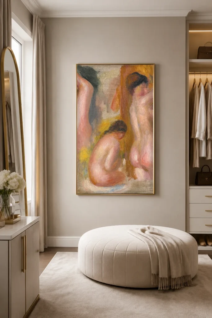 Framed print of Three Bathers hanging on a wall in a furnished room