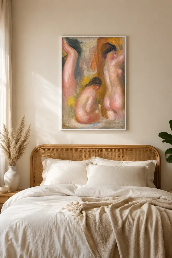Framed print of Three Bathers hanging on a wall in a furnished room