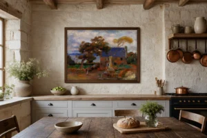 Framed print of Treboul hanging on a wall in a furnished room