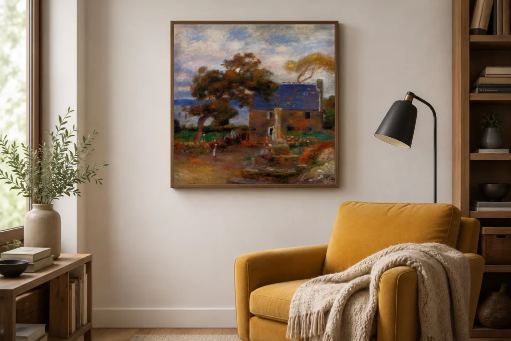 Framed print of Treboul hanging on a wall in a furnished room