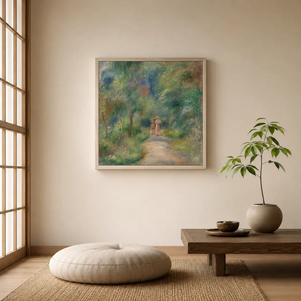 Framed print of Two Figures on a Path (Deux figures dans un sentier) hanging on a wall in a furnished room