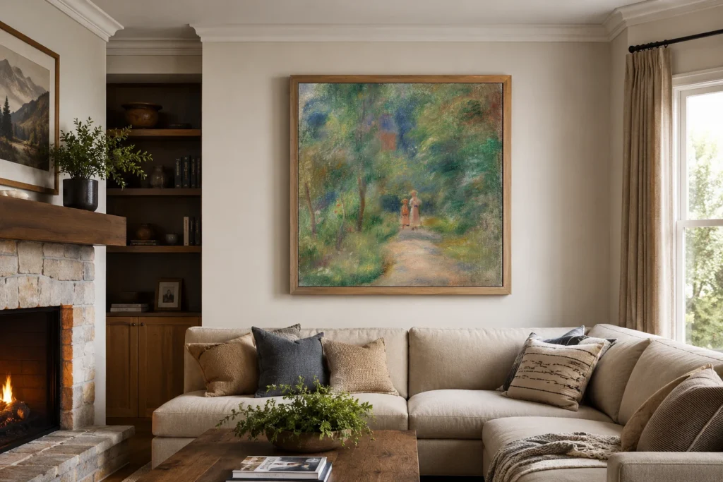 Framed print of Two Figures on a Path (Deux figures dans un sentier) hanging on a wall in a furnished room