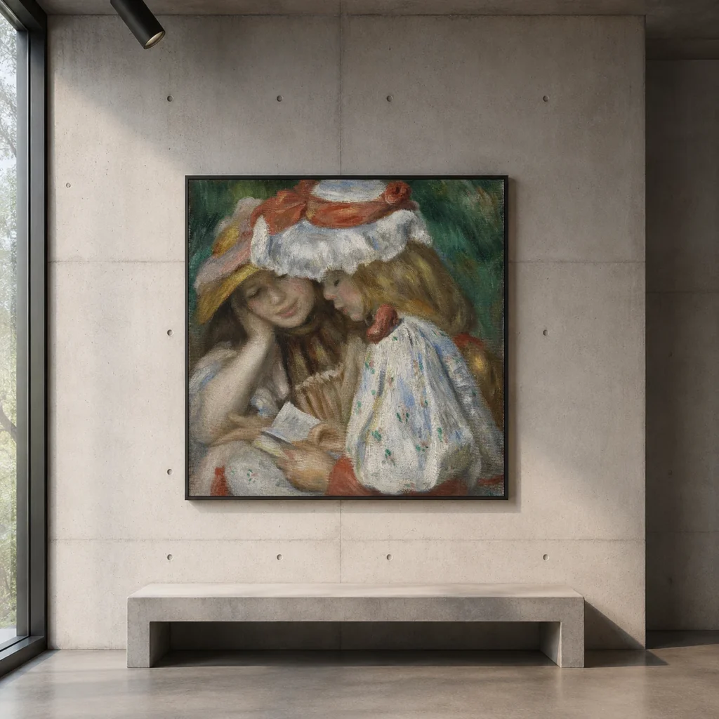 Framed print of Two Girls Reading hanging on a wall in a furnished room