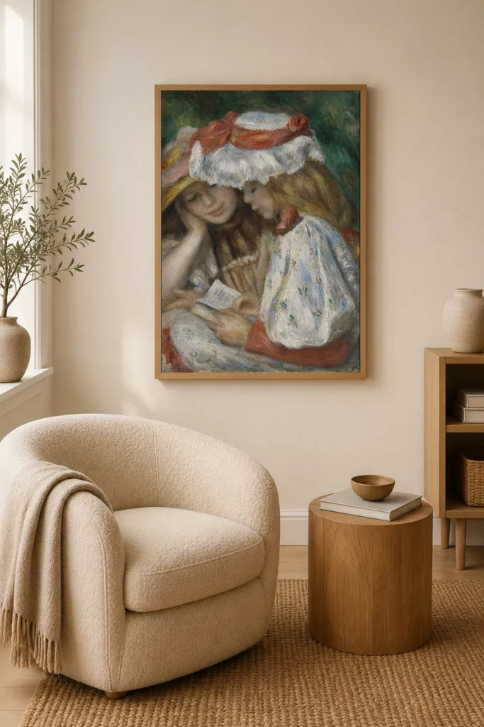 Framed print of Two Girls Reading hanging on a wall in a furnished room