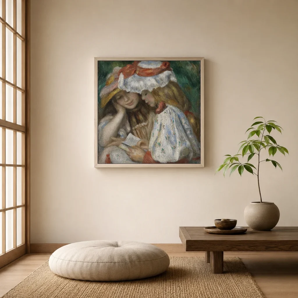 Framed print of Two Girls Reading hanging on a wall in a furnished room