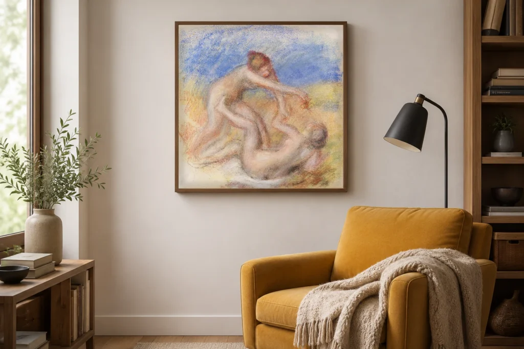 Framed print of Two Nudes hanging on a wall in a furnished room
