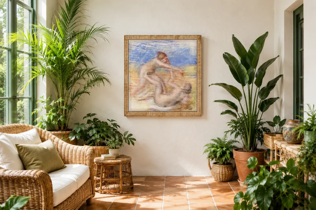 Framed print of Two Nudes hanging on a wall in a furnished room
