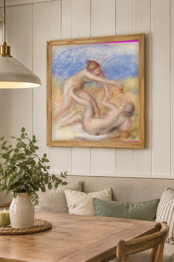 Framed print of Two Nudes hanging on a wall in a furnished room