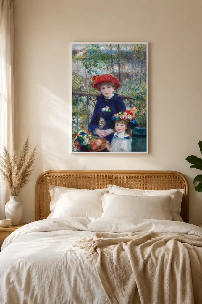 Framed print of Two Sisters hanging on a wall in a furnished room
