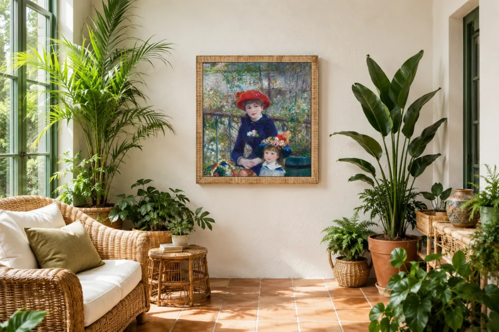 Framed print of Two Sisters hanging on a wall in a furnished room