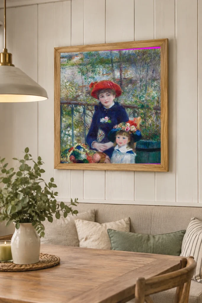 Framed print of Two Sisters hanging on a wall in a furnished room