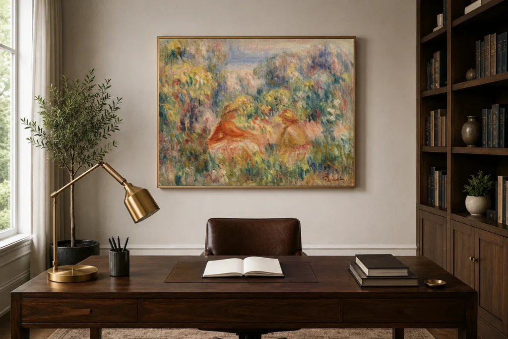 Framed print of Two Women in a Landscape (Deux femmes dans un paysage) hanging on a wall in a furnished room