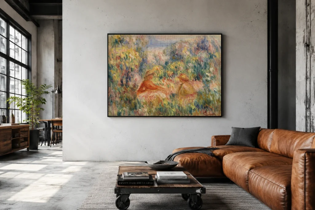 Framed print of Two Women in a Landscape (Deux femmes dans un paysage) hanging on a wall in a furnished room