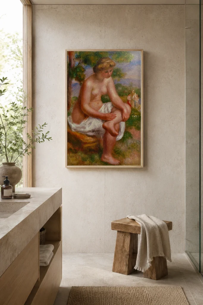 Framed print of Bather Seated in a Landscape, Called Eurydice hanging on a wall in a furnished room