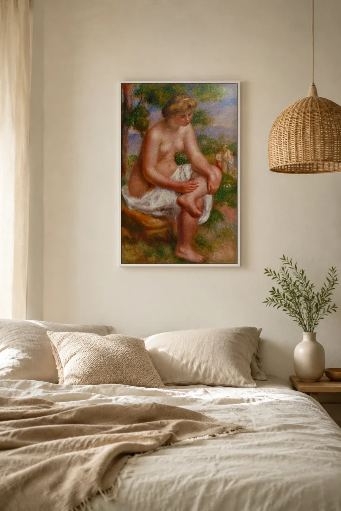 Framed print of Bather Seated in a Landscape, Called Eurydice hanging on a wall in a furnished room