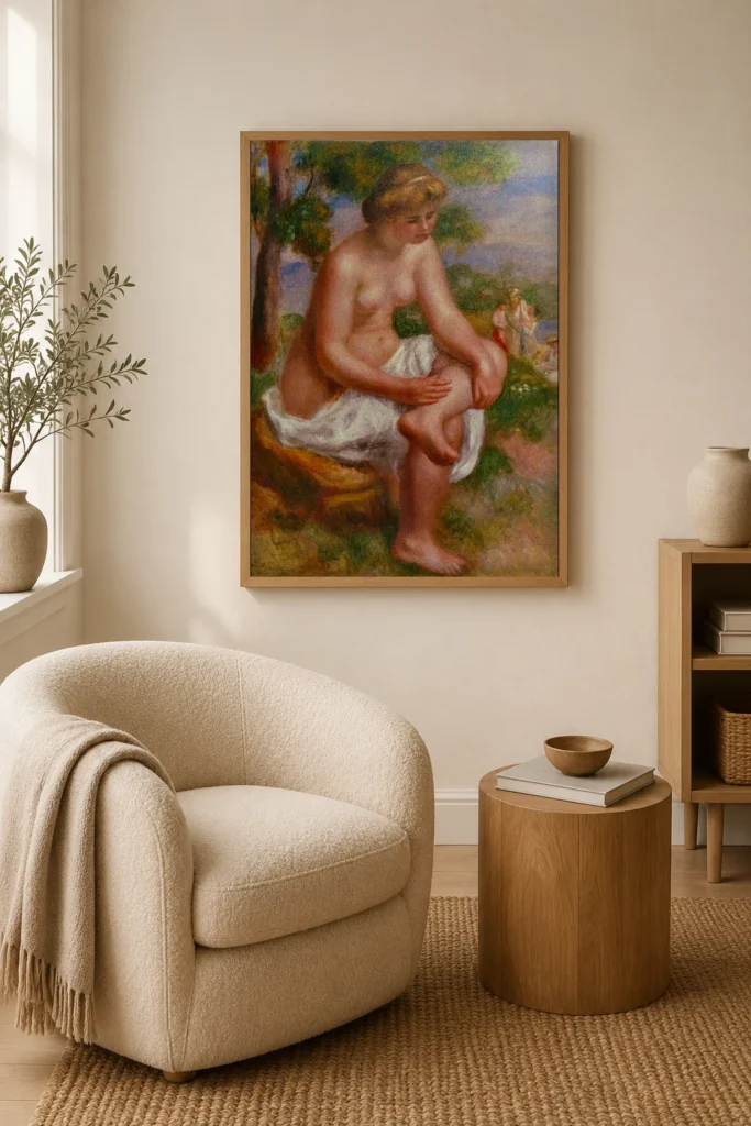 Framed print of Bather Seated in a Landscape, Called Eurydice hanging on a wall in a furnished room