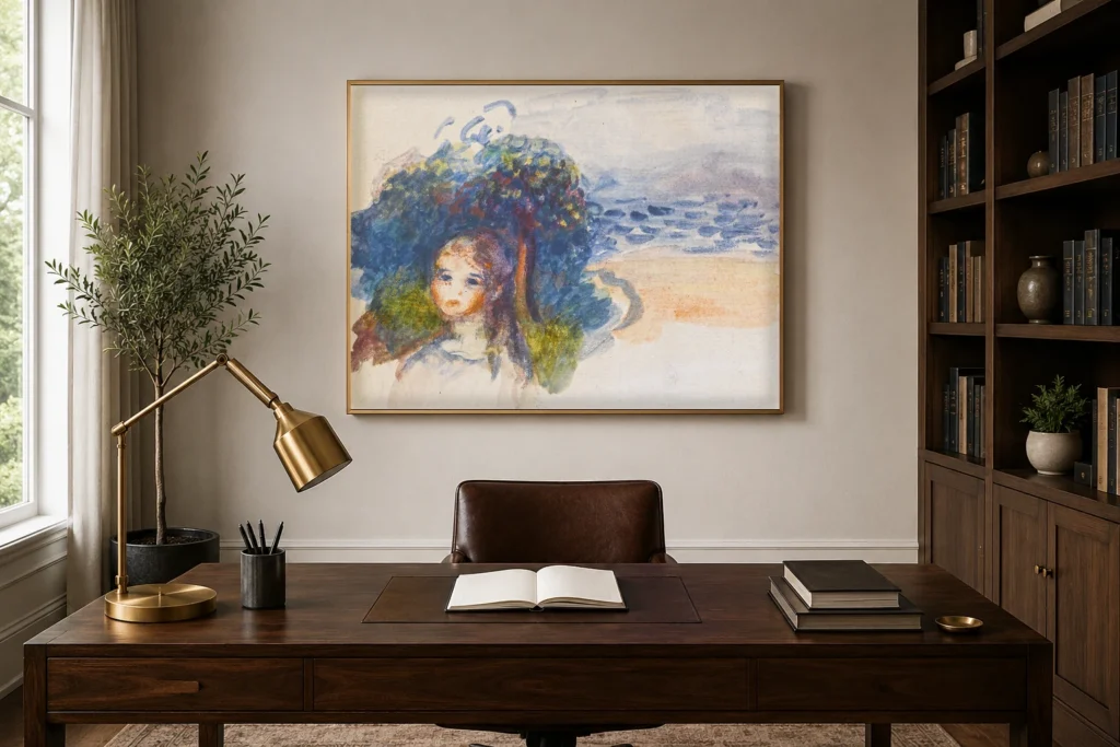 Framed print of Head of a Young Girl in a Landscape hanging on a wall in a furnished room