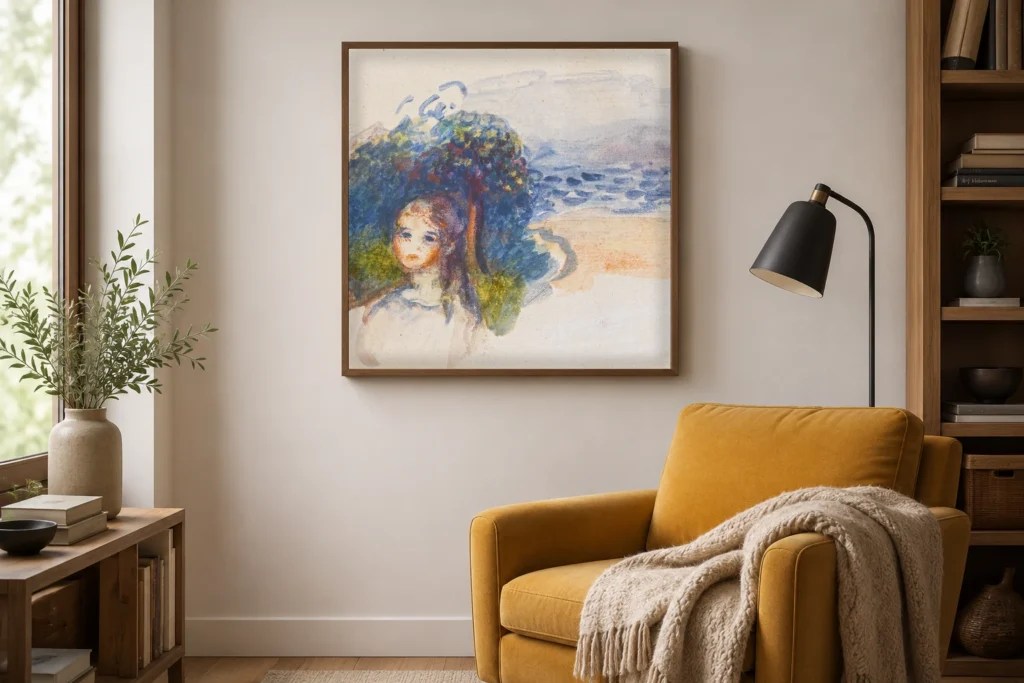 Framed print of Head of a Young Girl in a Landscape hanging on a wall in a furnished room