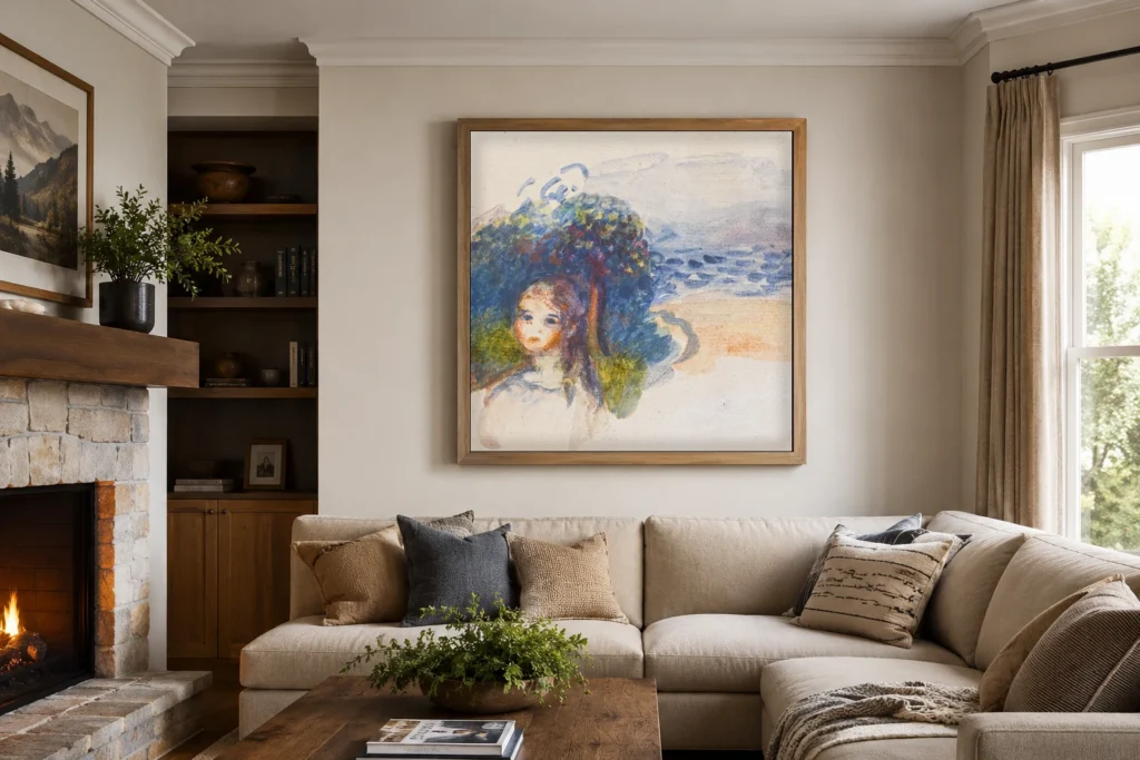 Framed print of Head of a Young Girl in a Landscape hanging on a wall in a furnished room