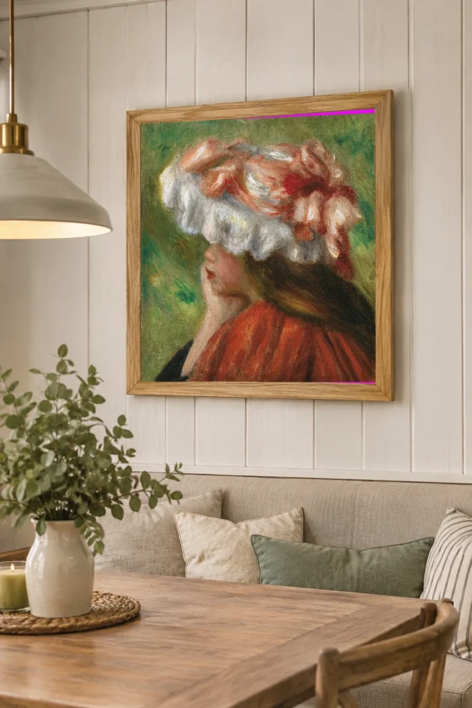 Framed print of Head of a Young Girl in a Red and White Hat hanging on a wall in a furnished room