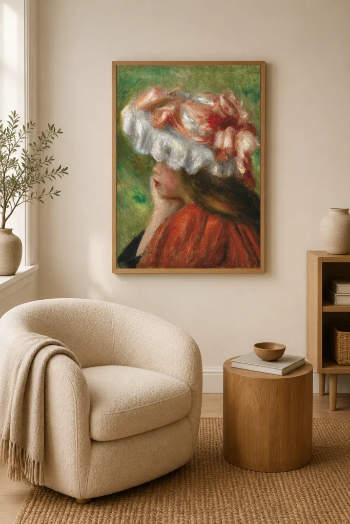 Framed print of Head of a Young Girl in a Red and White Hat hanging on a wall in a furnished room