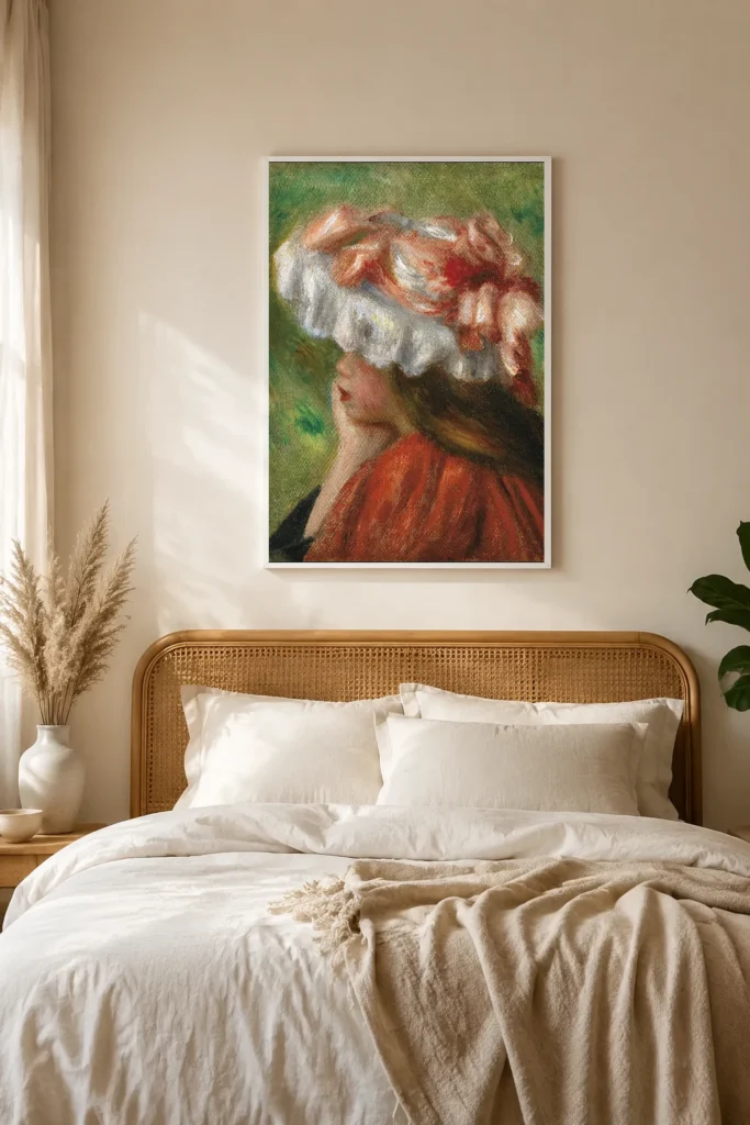 Framed print of Head of a Young Girl in a Red and White Hat hanging on a wall in a furnished room