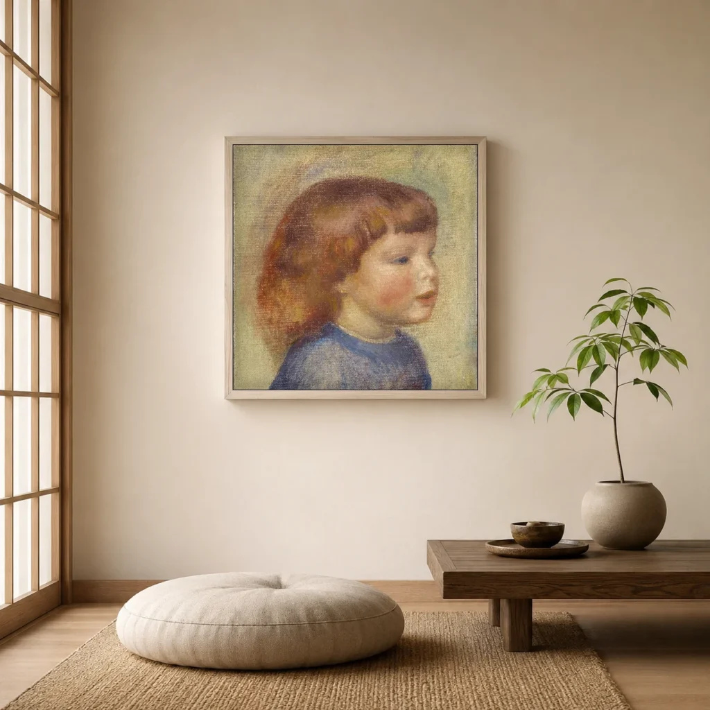 Framed print of Head of a Child hanging on a wall in a furnished room