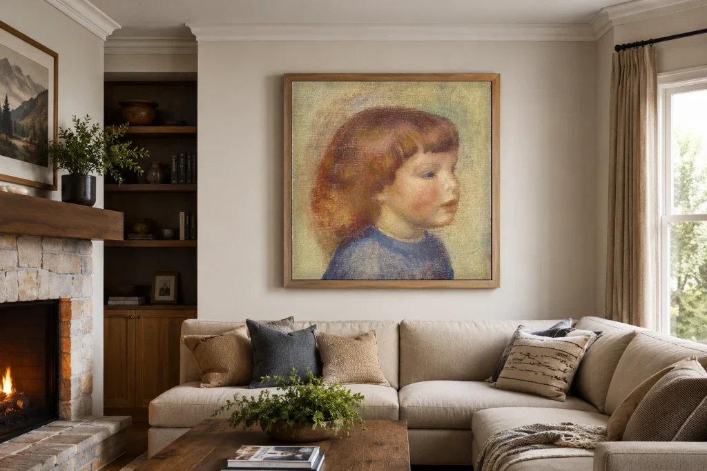 Framed print of Head of a Child hanging on a wall in a furnished room