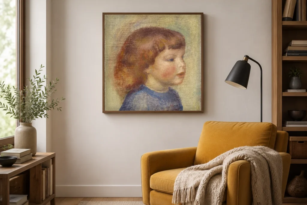 Framed print of Head of a Child hanging on a wall in a furnished room