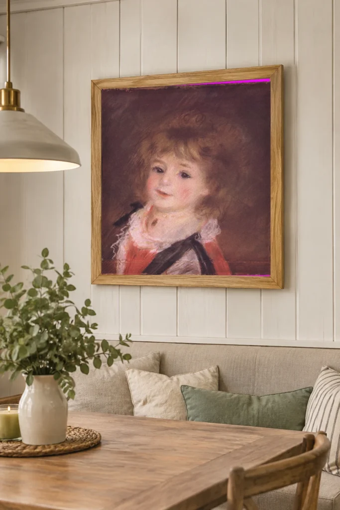 Framed print of Head of a Child with Black Ribbons hanging on a wall in a furnished room