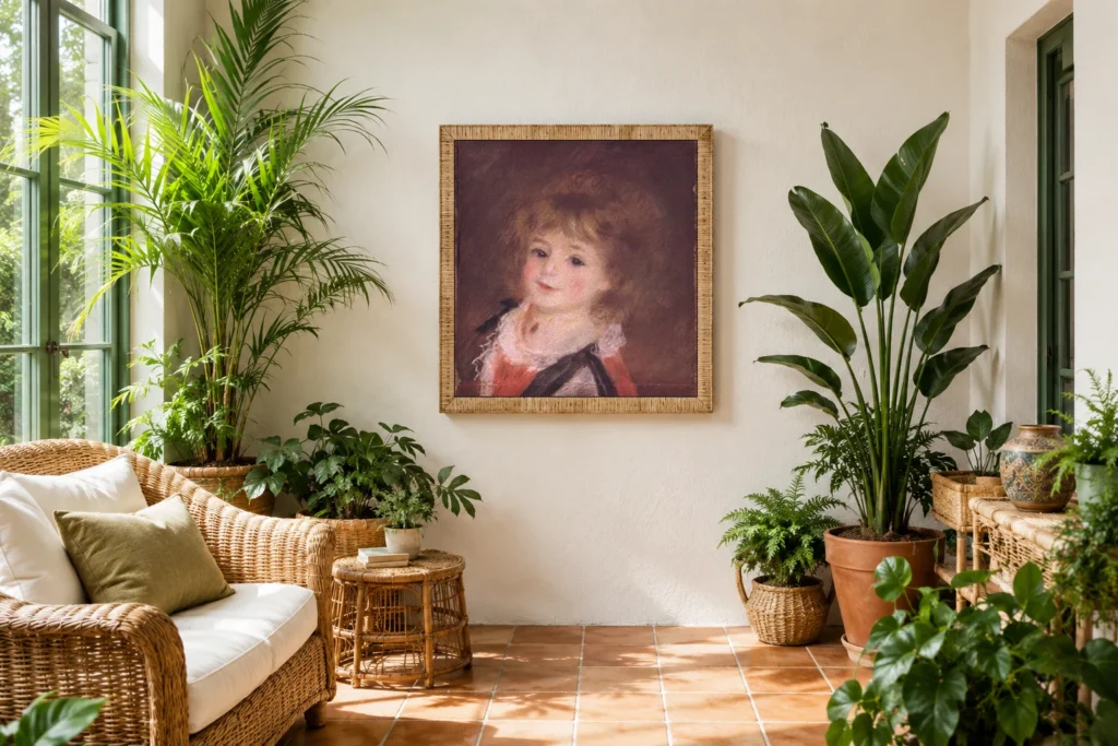 Framed print of Head of a Child with Black Ribbons hanging on a wall in a furnished room