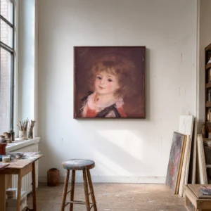 Framed print of Head of a Child with Black Ribbons hanging on a wall in a furnished room