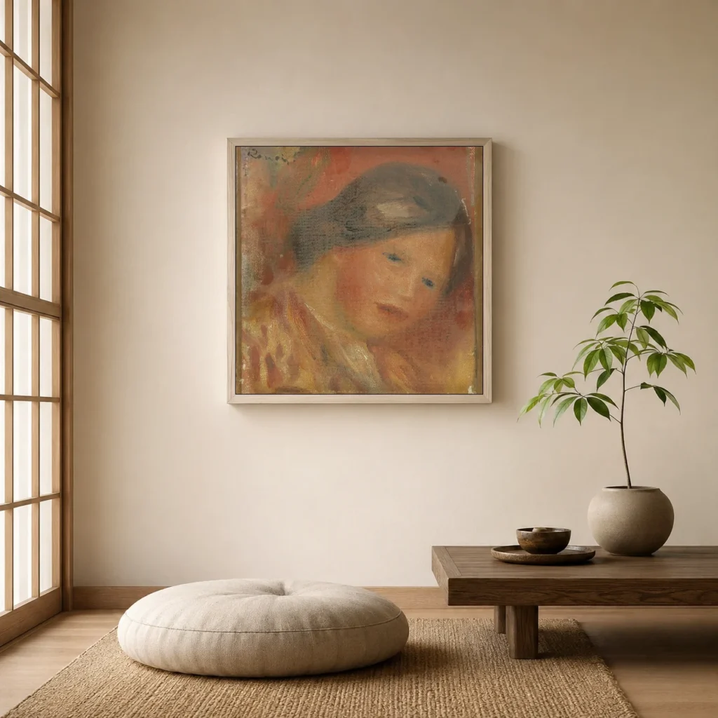 Framed print of Head of a Woman hanging on a wall in a furnished room