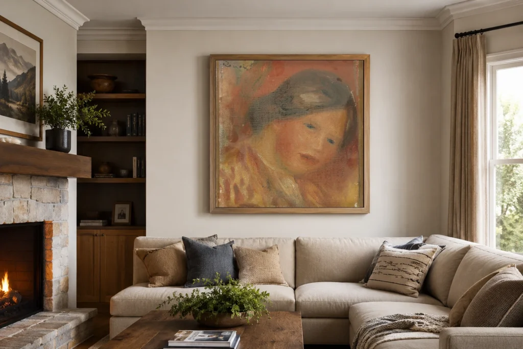 Framed print of Head of a Woman hanging on a wall in a furnished room