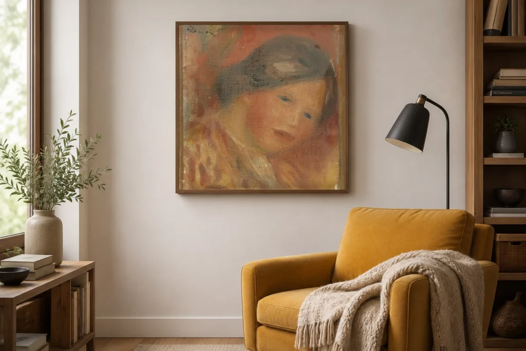 Framed print of Head of a Woman hanging on a wall in a furnished room