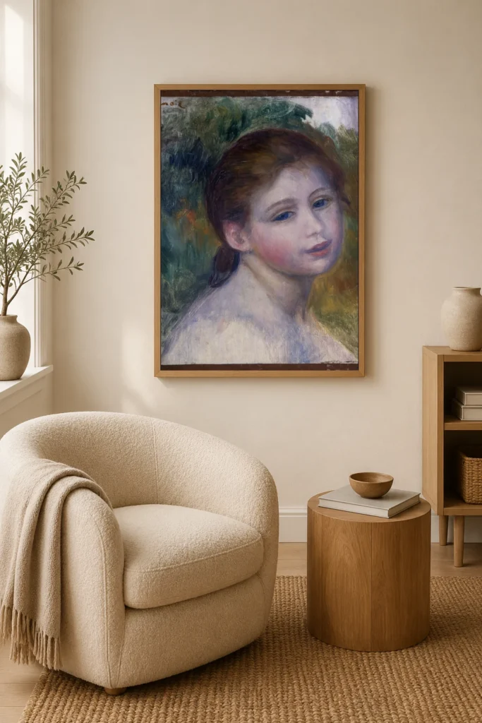 Framed print of Head of a Woman hanging on a wall in a furnished room