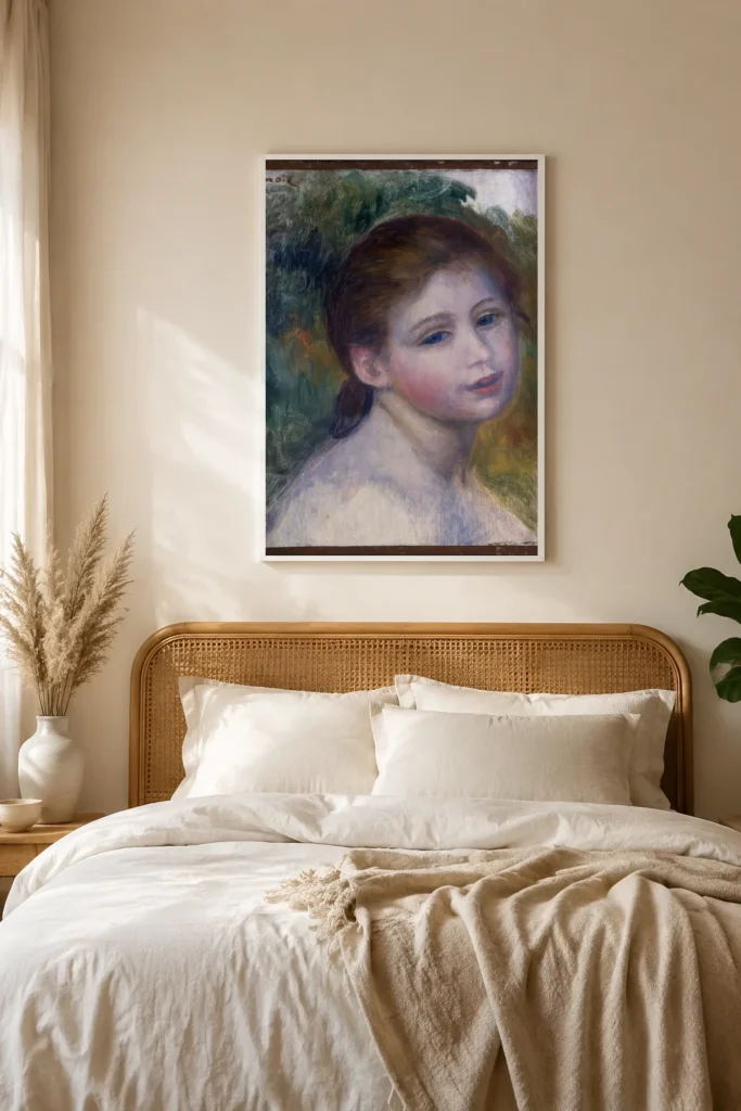 Framed print of Head of a Woman hanging on a wall in a furnished room